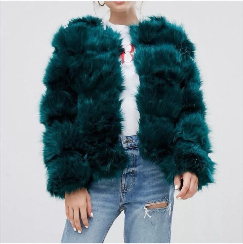 NEW LOOK Fluffy Faux Fur Cropped Coat Green Size US 0